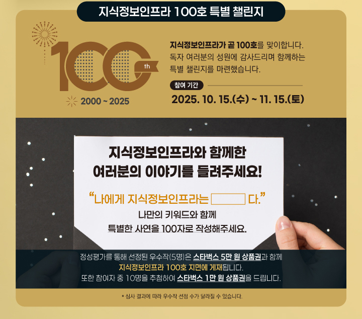 지식정보인프라 100호 특별 챌린지 / 100th(2000~2025) / 지식정보인프라가 곧 100호를 맞이합니다. 독자 여러분의 성원에 감사드리며 함께하는 특별 챌린지를 마련했습니다. 참여기간 : 2025.10.15.(수)~11.15.(토) 지식정보인프라와 함께한 여러분의 이야기를 들려주세요! '나에게 지식정보인프라는 (네모)다.' 나만의 키워드와 함께 특별한 사연을 100자로 작성해주세요. / 정성평가를 통해 선정된 우수작(5명)은 스타벅스 5만원 상품권과 함께 지식정보인프라 100호 지면에 개재됩니다. 또한 참여자 중 10명을 추첨하여 스타벅스 1만원 상품권을 드립니다. * 심사 결과에 따라 우수작 선정 수가 달라질 수 있습니다.