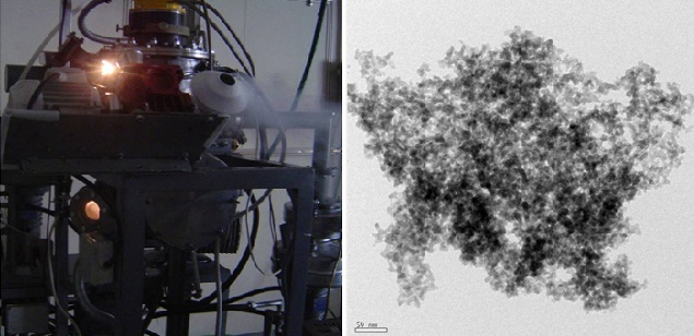 Nanoparticle production technology (left) using an electron beam; zirconia nanoparticles produced using the technology