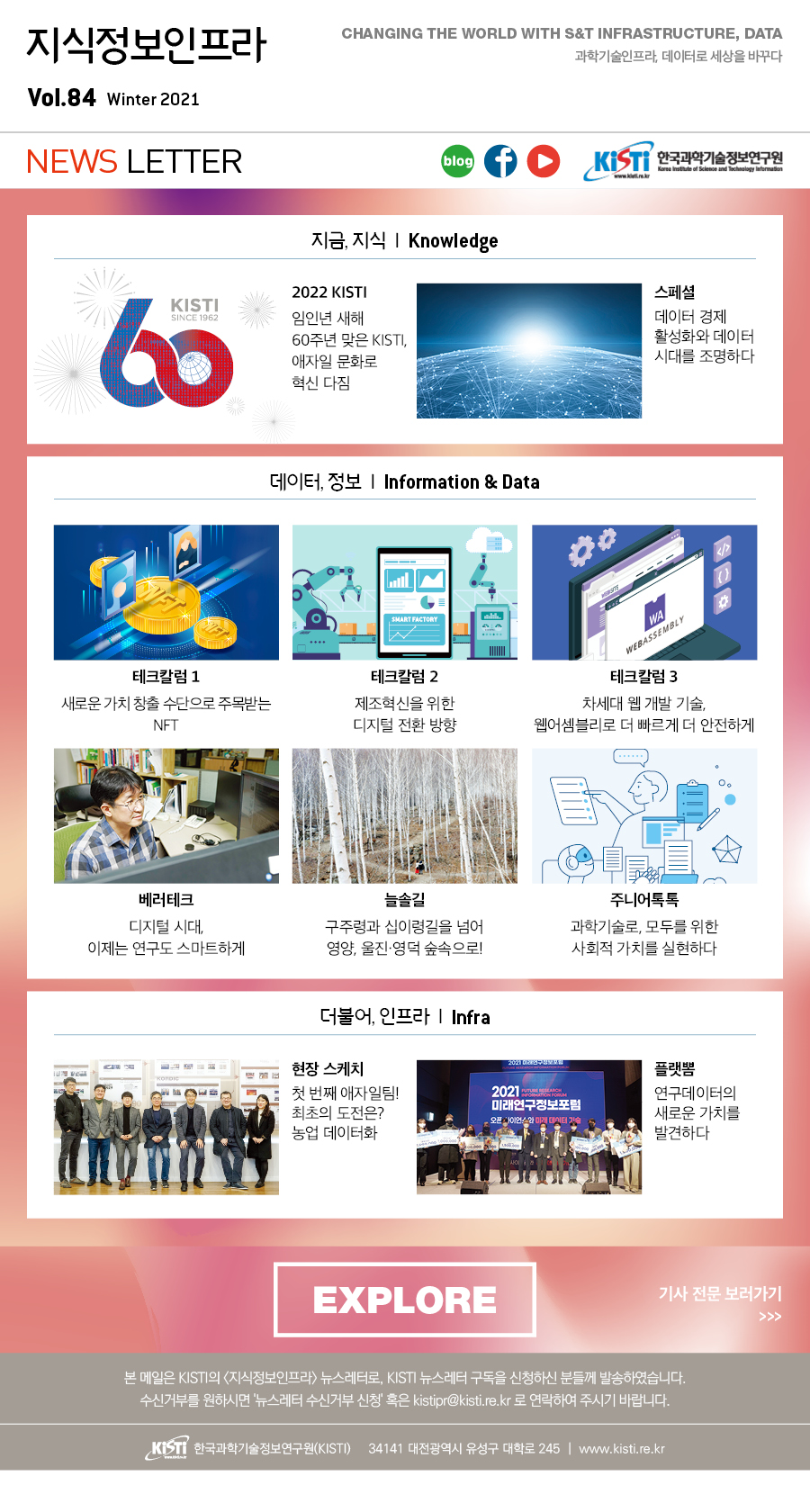 지식정보인프라 / vol.84 Winter 2021  / CHANGING THE WORLD WITH S&T INFRASTRUCTURE, DATA / 과학기술인프라, 데이터로 세상을 바꾸다 / NEWS LETTER / 지금, 지식 Knowledge / 데이터, 정보 Information & Data / 더불어, 인프라 Infra